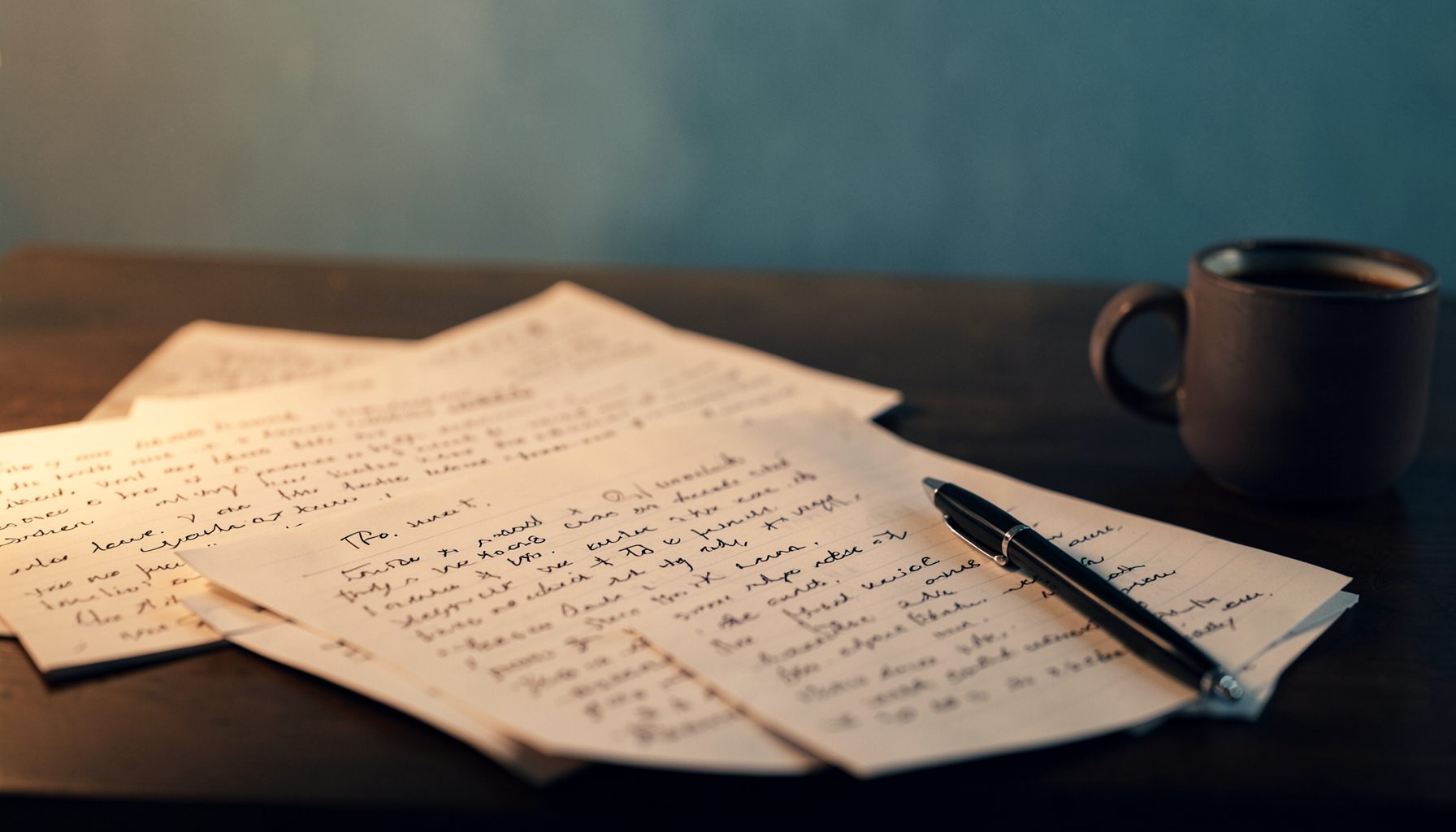 A softly lit desk scene with scattered handwritten notebook pages, a coffee cup, and a pen, rendered in warm amber and deep navy tones against a muted cyan backdrop.