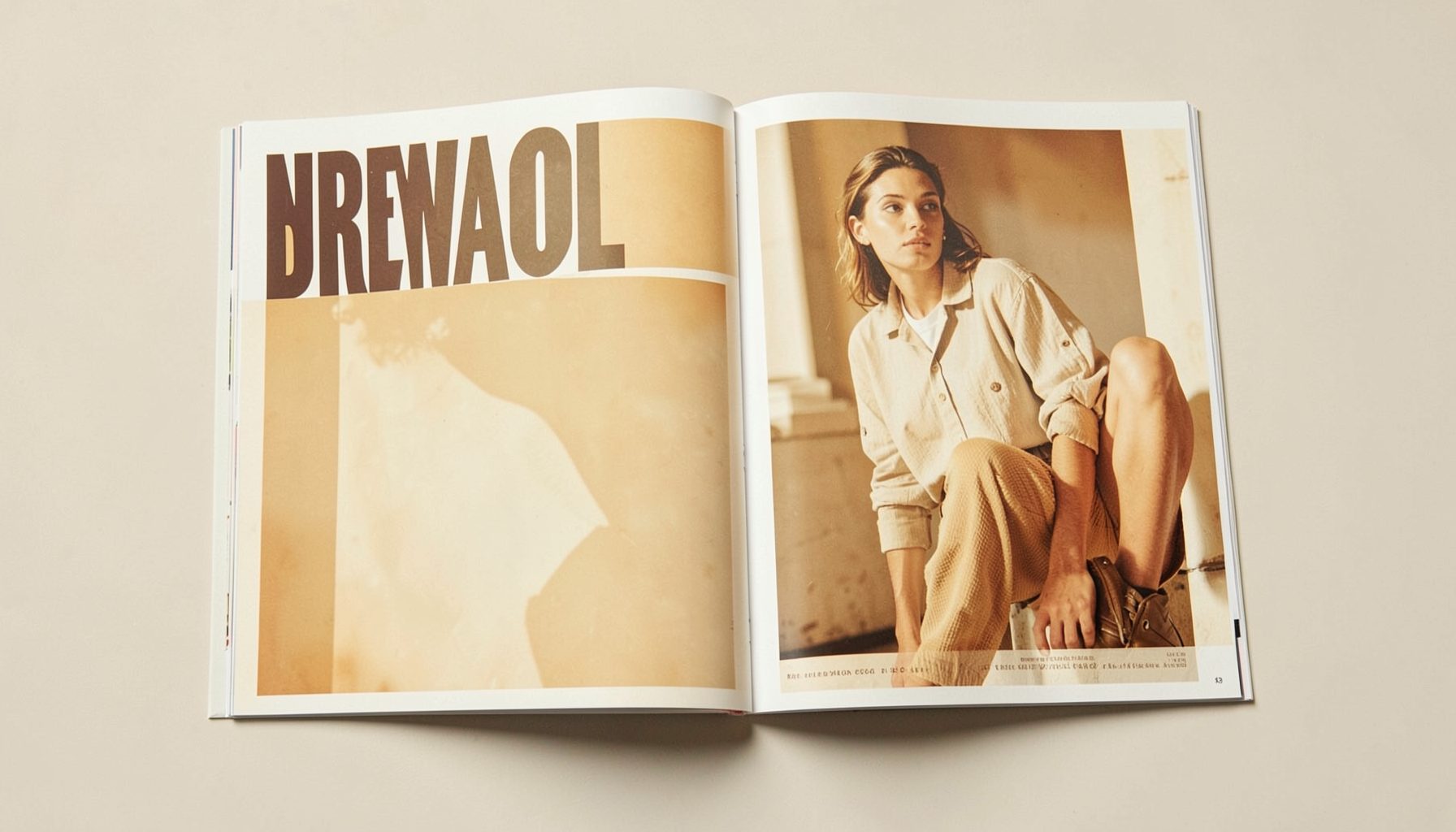 An open magazine spread featuring bold typography and fashion photography, warm amber and cream tones