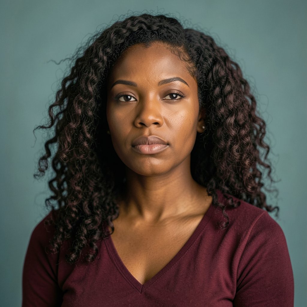 A warm, softly lit portrait of a Black woman with natural hair, wearing a burgundy top, set against a muted teal background with a contemplative mood.