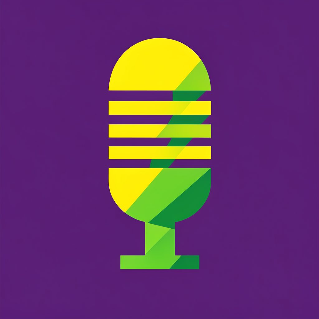 A bold geometric illustration of a microphone shape rendered in flat yellow and green shapes against a deep purple background, energetic and graphic