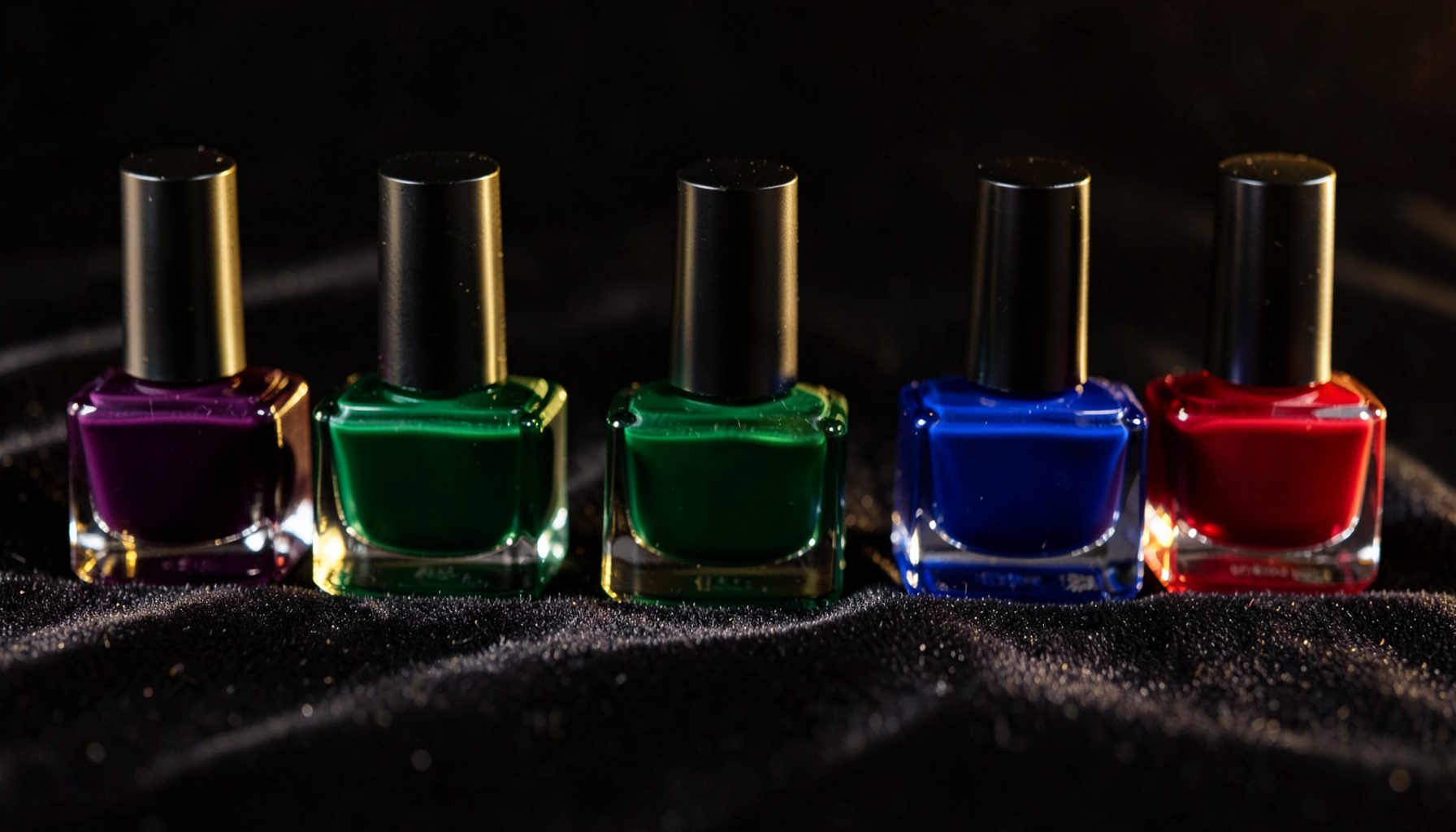 A row of glossy nail-polish bottles in deep jewel tones — plum, emerald, sapphire, and ruby — arranged on a dark velvet surface with soft golden light catching the glass.