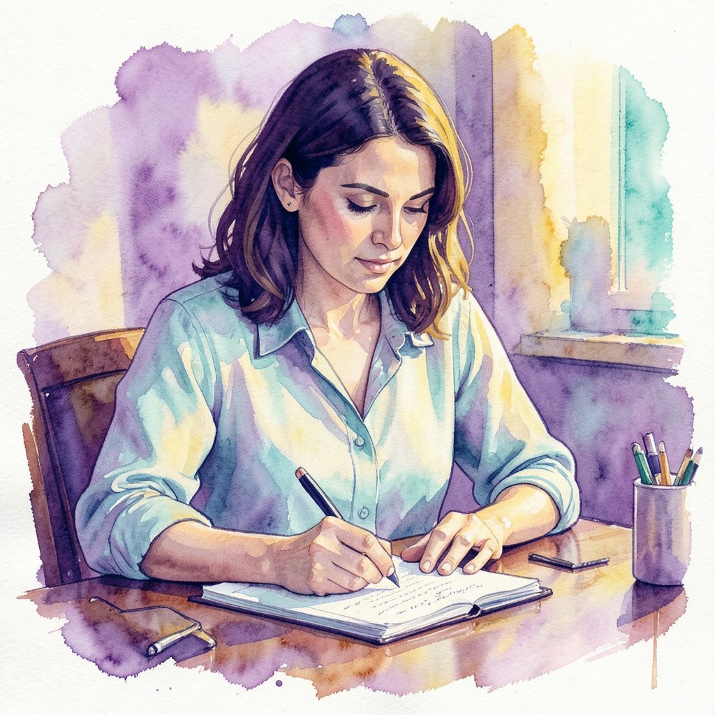 A painterly watercolor portrait-style illustration in bold purple, yellow, and turquoise tones suggesting a thoughtful woman writing at a desk, warm and reflective mood